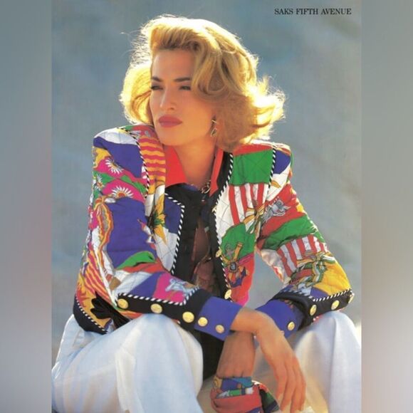 Escada Vintage 1992 Art Deco Printed Silk Cropped Quilted Jacket - Picture 1 of 10